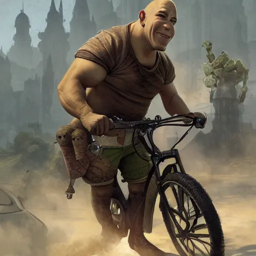 Image similar to shrek rides a bicycle motor and beats vin diesel in fast and furious race while wearing a helmet, highly detailed, digital painting, artstation, concept art, smooth, sharp focus, illustration, art by artgerm and greg rutkowski and alphonse mucha