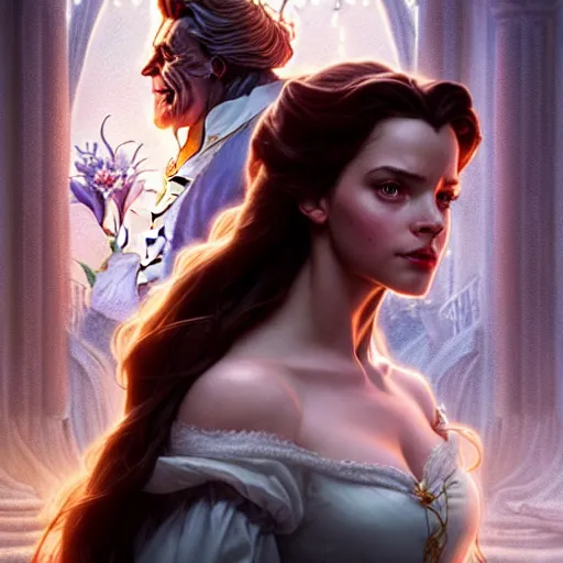 Image similar to belle beauty and the beast ; ultra realistic, concept art, intricate details, eerie, haunting, highly detailed, photorealistic, octane render, 8 k, unreal engine. art by artgerm and greg rutkowski and charlie bowater and magali villeneuve and alphonse mucha