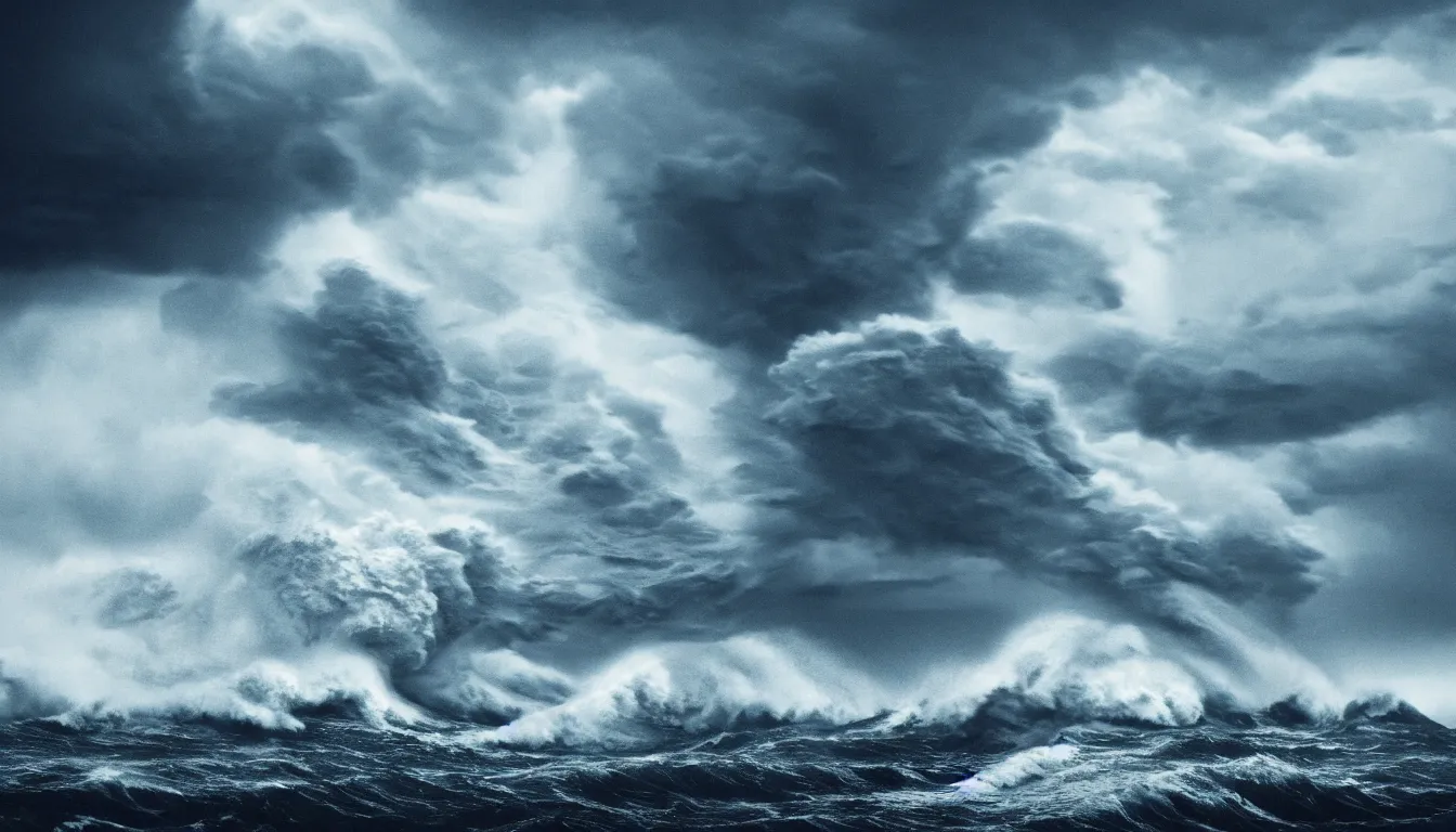 Image similar to lake, big waves, strong wind, raining, storm, distant thunder, launched nuclear rockets far away, atmospheric, scary, claustrophobic, ambient vibe, very detailed, high resolution, 8 k