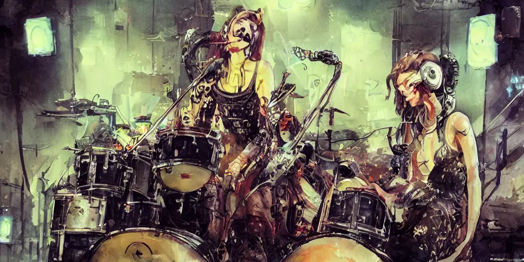 Image similar to Octopus girl playing R&R drum kit in the spotlight with rock band concert, cyberpunk, realistic, detailed, Industrial Scifi, paint, watercolor, in the style of Ashley Wood and Wadim Kashin