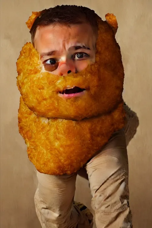 Image similar to channing tatum in a tater tot costume, oil on canvas, intricate, portrait, 8 k highly professionally detailed, hdr, cgsociety