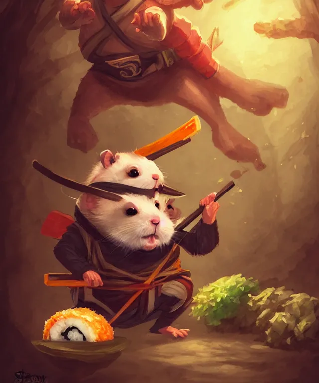 Image similar to anthropomorphic hamster ninja eating sushi, ninja outfit, standing in a buddhist temple, cute and adorable, dnd character art portrait, matte fantasy painting, deviantart artstation, by jason felix by steve argyle by tyler jacobson by peter mohrbacher, cinematic lighting