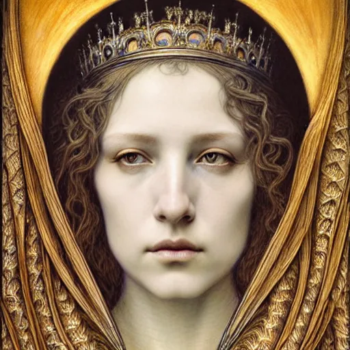 Image similar to detailed realistic beautiful young medieval queen face portrait by jean delville, gustave dore, iris van herpen and marco mazzoni, art nouveau, symbolist, visionary, gothic, pre - raphaelite