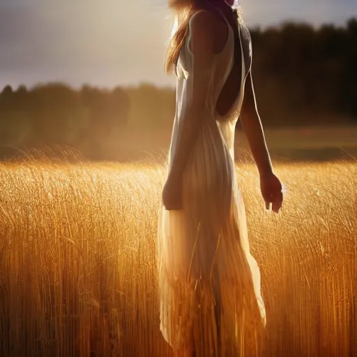 Prompt: close-up shot, a beautiful painting of a girl in a airy semi-transparent thin light dress standing in the glowing wheat fields, mystical setting, afternoon sun, long shadows, photo from the back, 135mm, trending on artstation