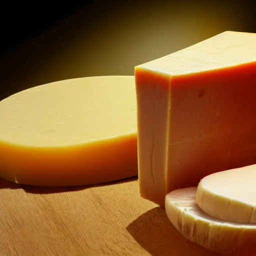 Image similar to A highly detailed digital art of a Gouda Cheese, volumetric lighting, 4k resolution, warm colors,