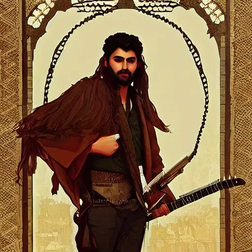 Image similar to portrait of kurdish singer adnan karim, highly detailed, digital painting, artstation, concept art, sharp focus, illustration, art by art germ and greg rutkowski and alphonse mucha