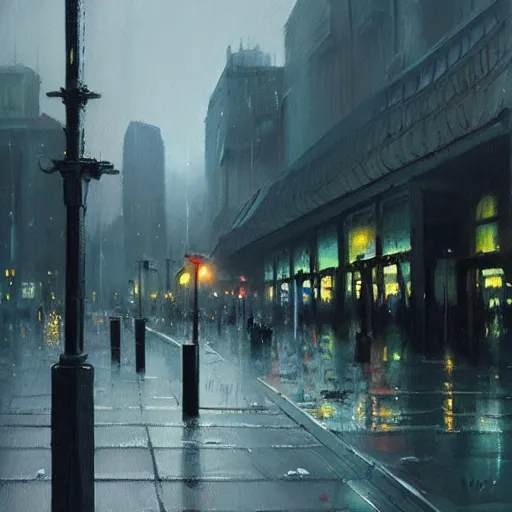 Prompt: dark city bus stop, painted by greg rutkowski, oil painting
