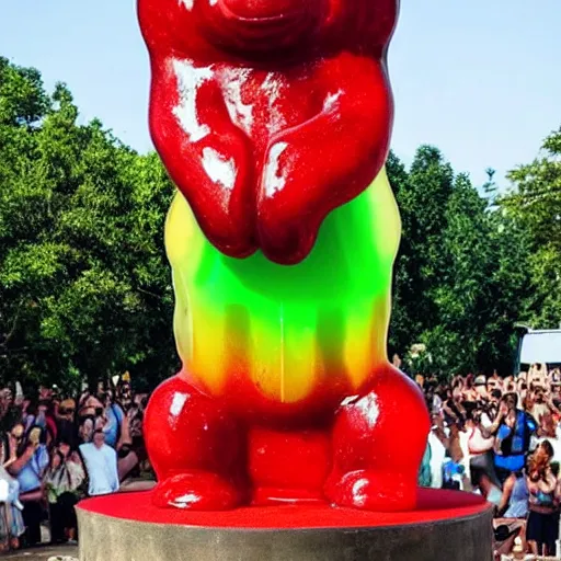 Prompt: stunning image of a giant gummy bear on a pedestal, many people worshipping.