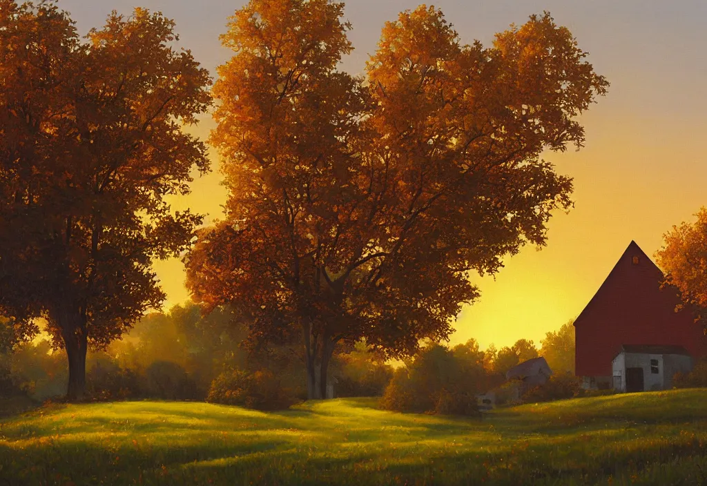 Prompt: a landscape painting of an old farm house in the countryside, autumn, painting by kenton nelson, dusk light, nice sunset, autumn leaves blowing off trees in the wind