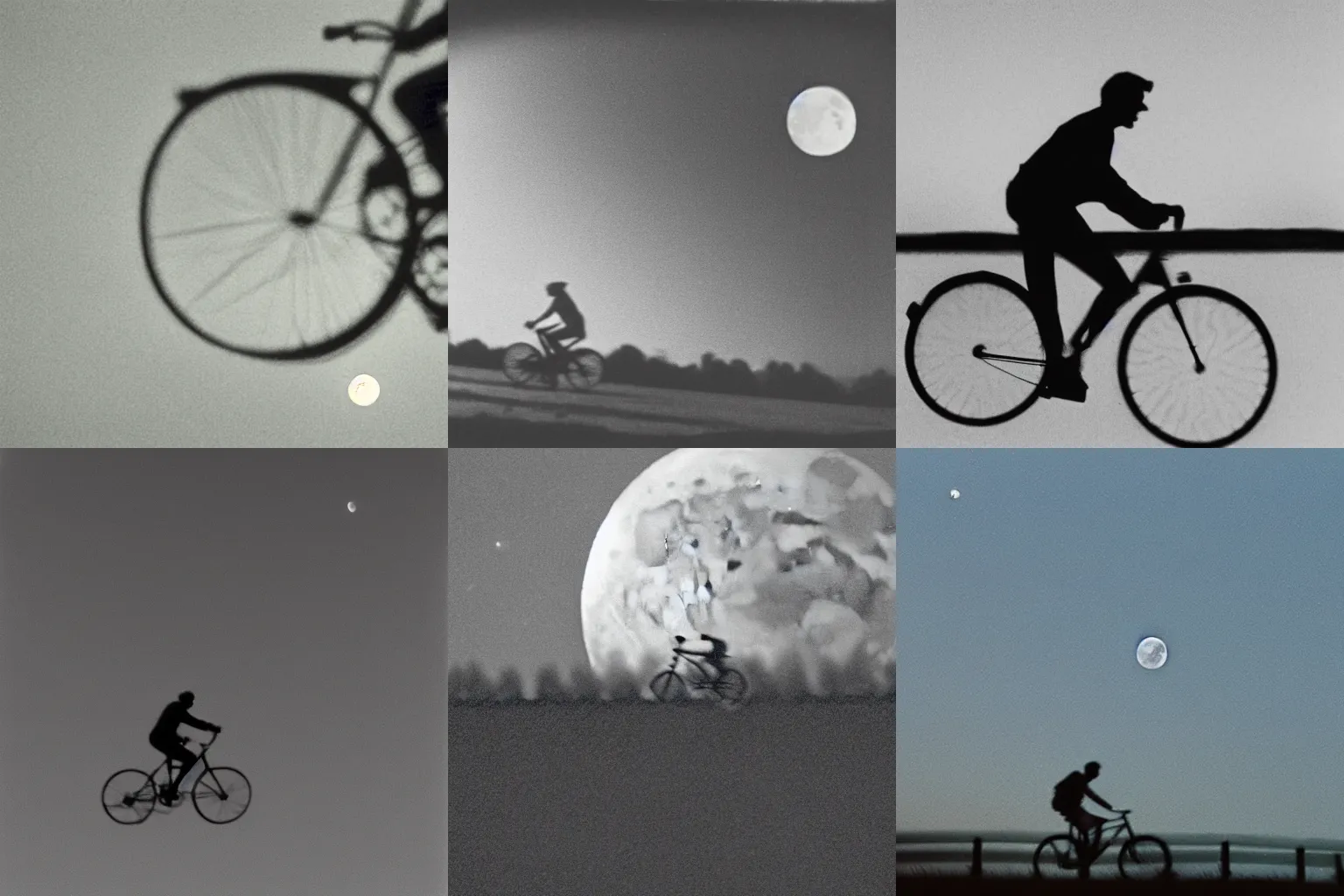 Prompt: photograph through a telescope of a man riding a bicycle floating in front of the moon