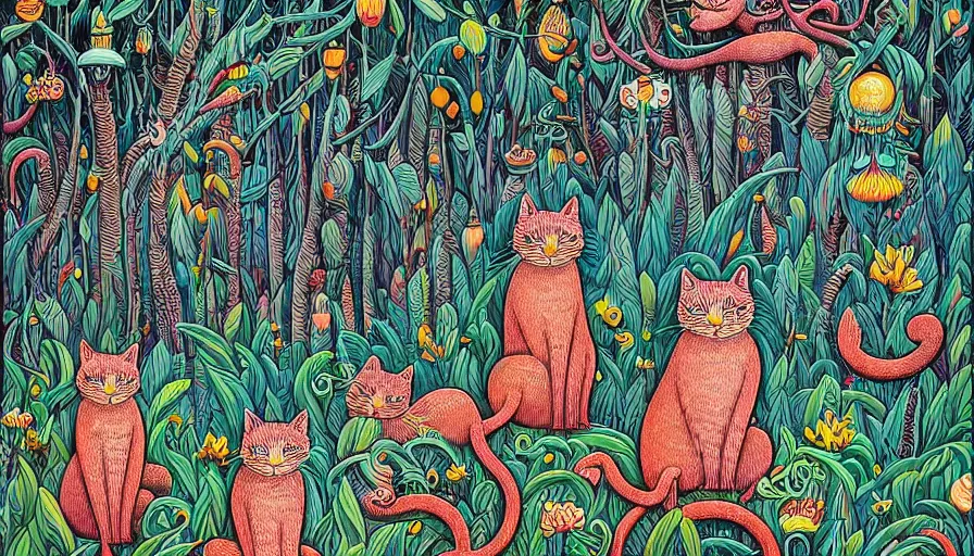 Prompt: highly detailed contemporary acrylic painting of really tall sitting cats by joe fenton, thick brush strokes and visible paint layers, dense overgrown forest background, vivid pastel color scheme