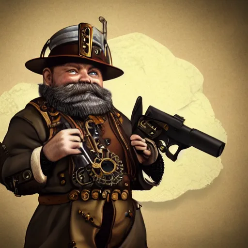 Prompt: a steampunk dwarf making a gun, illustration, intricate detail, 8 k, octane renderer