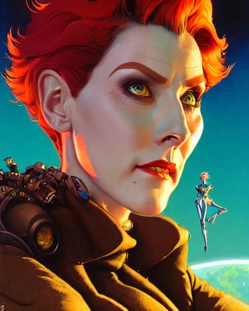 Image similar to moira from overwatch, character portrait, portrait, close up, concept art, intricate details, highly detailed, vintage sci - fi poster, in the style of chris foss, rodger dean, moebius, michael whelan, and gustave dore