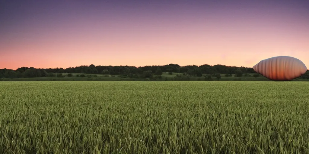 Prompt: a giant floating human ear above a field at dawn