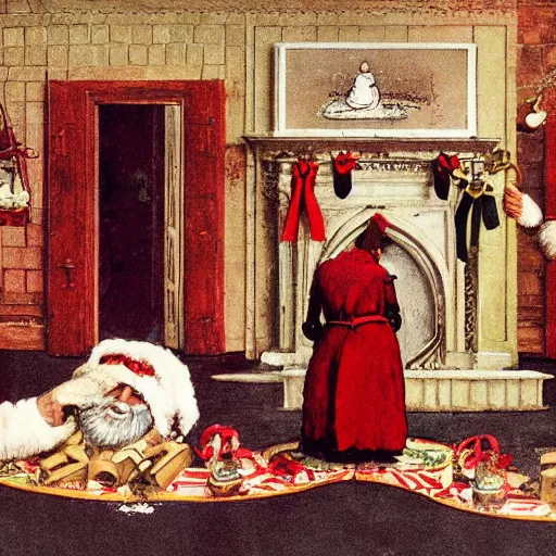 Prompt: illustration: vogue designer Santa Claus Sacrificing the Elves to a Volcano God Altar giorgio de chirico marc simonetti norman rockwell postcard stamp