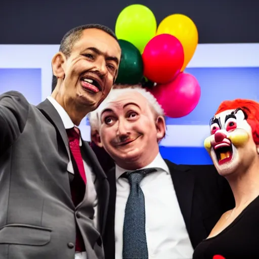 Image similar to a president with clown face taking a selfie in a podium next to an angry first minister