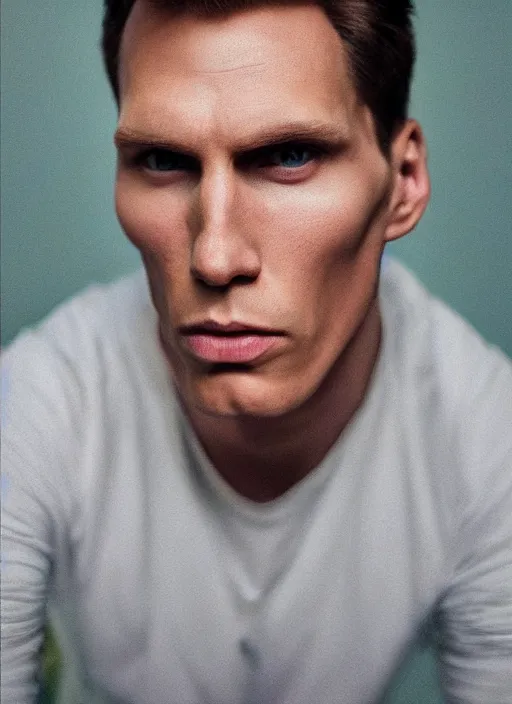 Prompt: photorealistic portrait photograph of jerma looking at you with a serious somber expression, twitch tv, jerma 9 8 5, pronounced cheekbones, strong jaw, depth of field, soft focus, highly detailed, intricate, realistic, national geographic cover, soft glow, textured skin