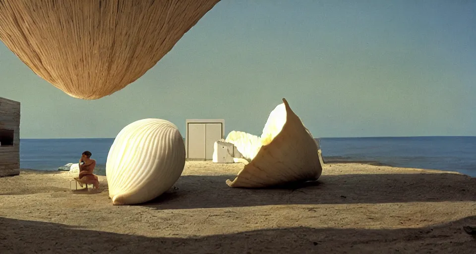 Image similar to a giant seashell with a doorhole, cinematography by syd mead, gregory crewdson