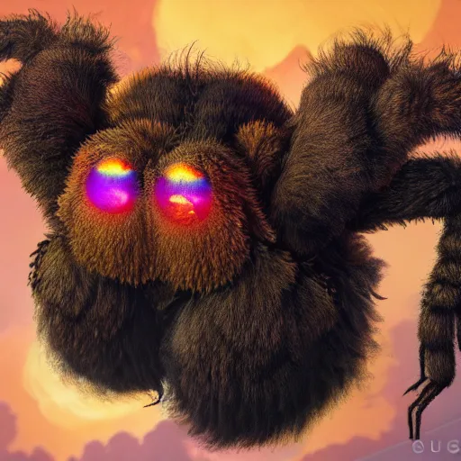 Image similar to colossal fluffy tarantula, golden hour, fantasy, vivid colors, sharp focus, digital art, hyper - realistic, 4 k, unreal engine, highly detailed, hd, dramatic lighting by brom, trending on artstation