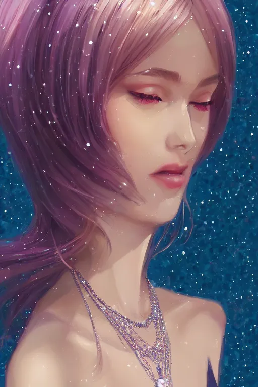 Prompt: a woman in a sequin dress, beautiful crystal necklace, long silver hair, digital art, airbrush, by ilya kuvshinov, krenz cushart, trending on artstation,