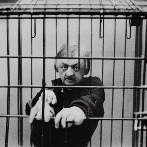 Image similar to mark e smith in a small cage in a pet shop window, his hands are up on the bars, the cage has a for sale tag, 4 k