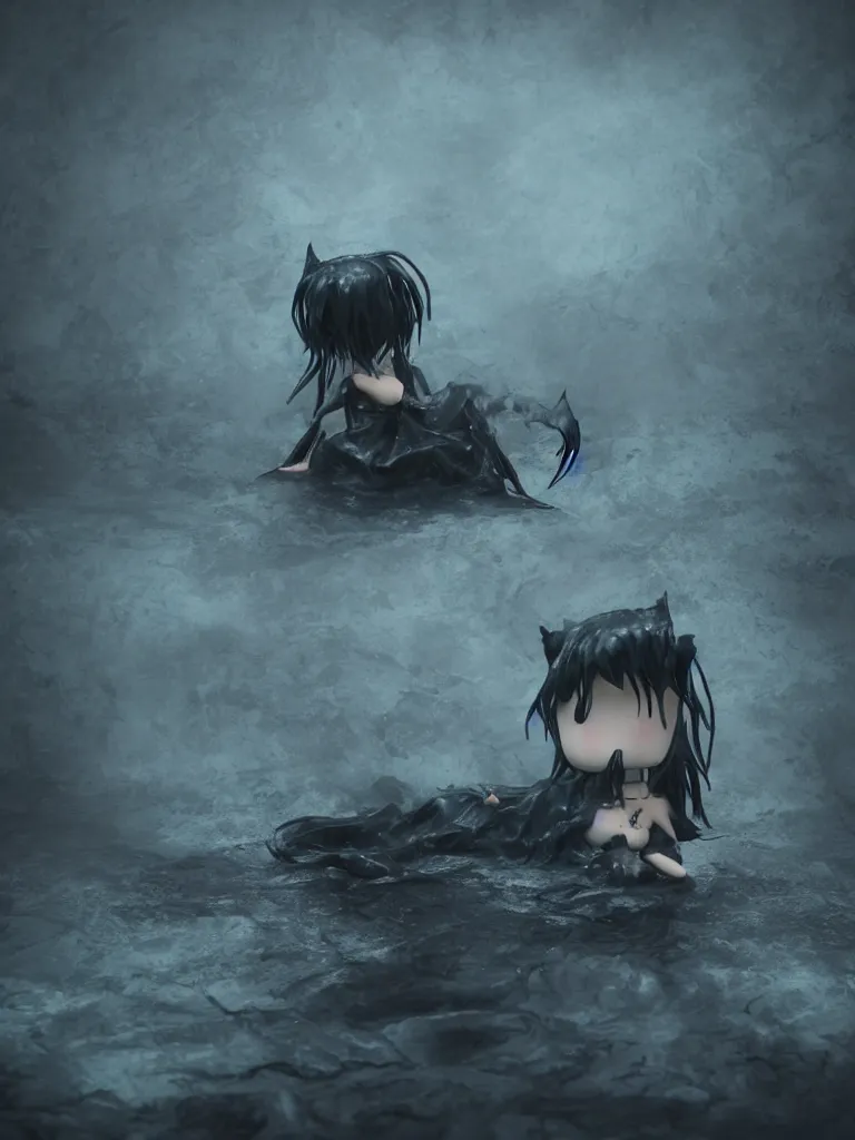 Image similar to cute fumo plush of a cursed frail witch girl sinking into an inky black reflective pond of blackness swirling with strange energetic fluid, volumetric smoke and fog, environment map reflective water, goth, vignette, vray