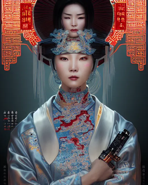 Image similar to portrait of a chinese cyberpunk machine, machine face, robed, upper half portrait, decorated with chinese opera motifs regal royal fierce machine robot cyberpunk fine china, wuxia, traditional chinese art intricate intense elegant highly detailed digital painting artstation concept art smooth sharp focus illustration, art by artgerm and greg rutkowski alphonse mucha 8 k