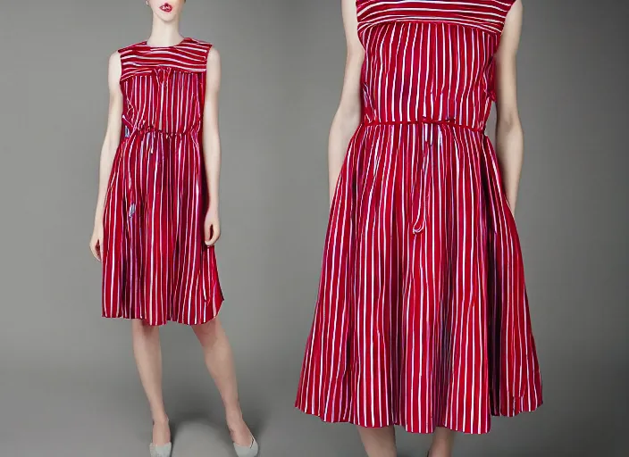 Image similar to “ silk dress, red stripes, black polka dots, model ”