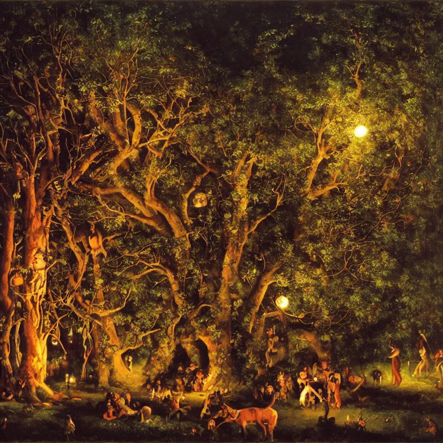 Image similar to a night carnival around a magical tree cavity, with a surreal orange moonlight and fireworks in the background, next to a lake with iridiscent water, christmas lights, folklore animals and people disguised as fantastic creatures in a magical forest by summer night, masterpiece painted by gustave courbet, mark keathley, dark night environment