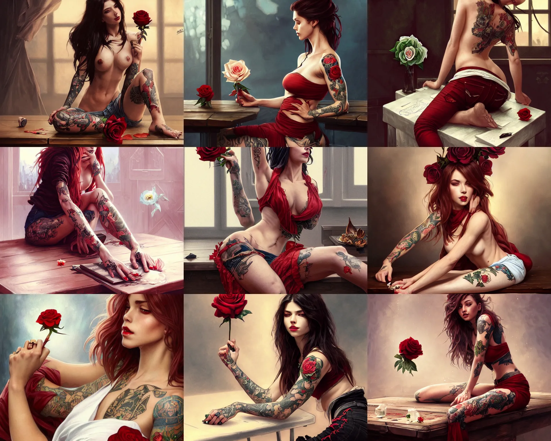 Prompt: red ripped jeans tattooed sexy girl sits on a table holding a white rose, deep focus, turnaround, highly detailed, digital painting, artstation, concept art, matte, sharp focus, illustration, hearthstone, art by artgerm and greg rutkowski and alphonse mucha.