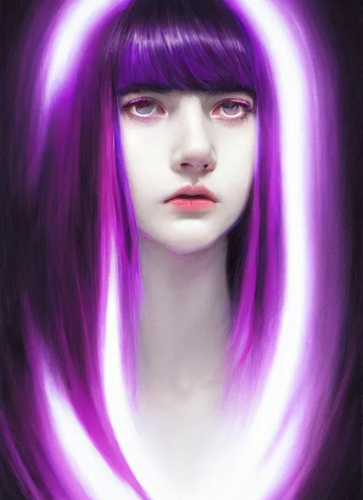 Prompt: portrait of teenage girl with white bangs, red irises, black hair, purple clothes, white bangs, bangs are different color from hair, intricate, front of hair is white rest is black, elegant, glowing lights, highly detailed, digital painting, artstation, concept art, smooth, sharp focus, illustration, art by wlop, mars ravelo and greg rutkowski