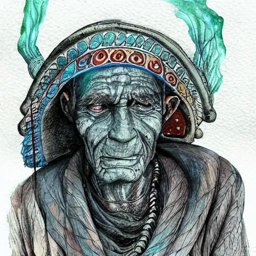 Image similar to very old shaman burns from the inside out, sould explodes, old gray haired mexican mage burn fire, close his eyes with no pain, watercolor ink painting, in the style of jean giraud, in the style of moebius trending on artstation deviantart pinterest detailed realistic hd 8 k high resolution