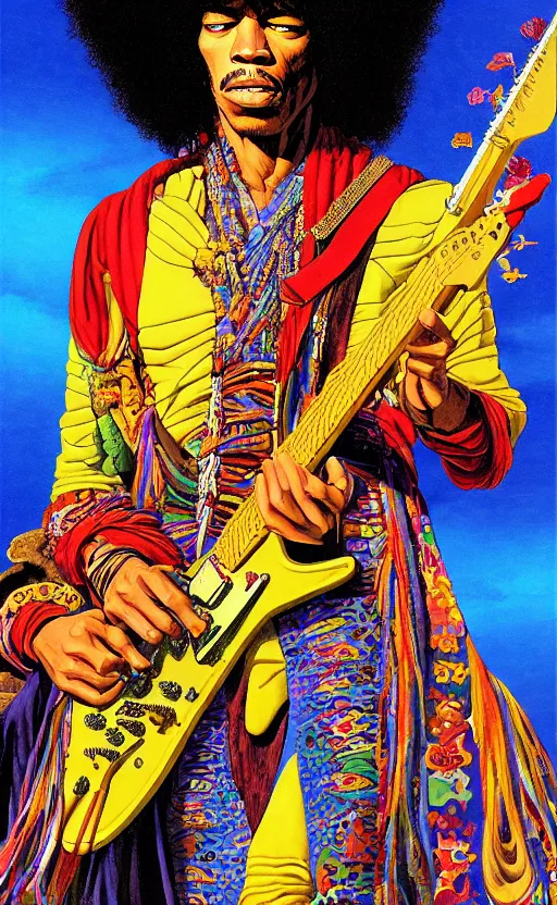 Image similar to an awesome jean giraud graphic art of jimi hendrix in the style of a renaissance masters portrait, new age symbolism and tibetan book of the dead imagery, intricately detailed, 4 k