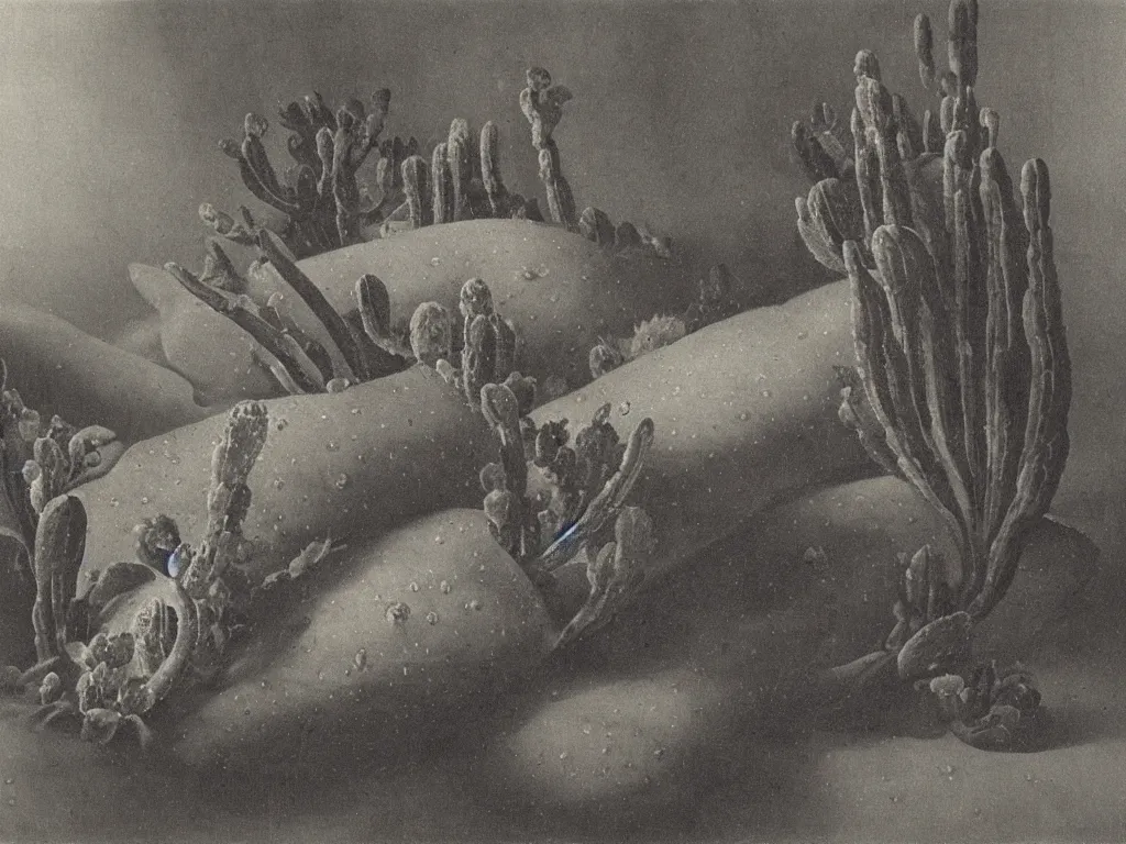 Prompt: gothic luminescent bed with cactus. painting by karl blossfeldt, morandi