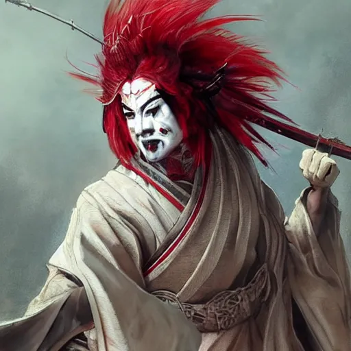 Image similar to an epic portrait of insane kabuki male wielding a spear covered in a distorting aura, intricate hakama, poofy red wig, eerie, highly detailed, dark fantasy, shallow depth of field, art by artgerm and greg rutkowski