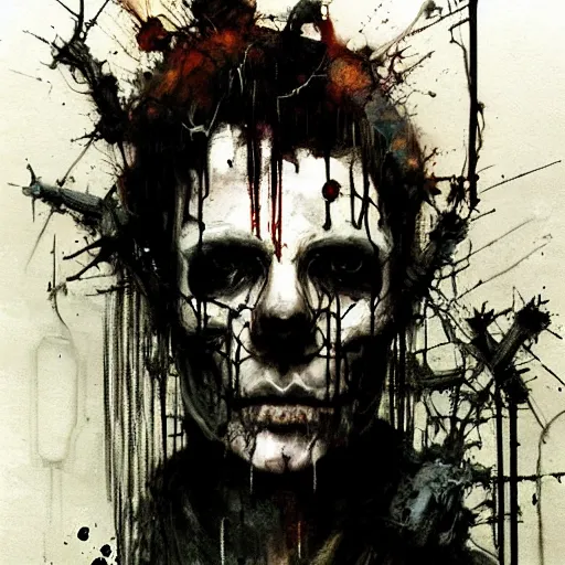 Image similar to skulls wires skin cyberpunk by emil melmoth zdzislaw belsinki craig mullins yoji shinkawa realistic render ominous detailed photo atmospheric by jeremy mann francis bacon and agnes cecile ink drips paint smears digital glitches glitchart