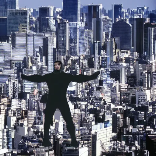 Image similar to giant hugh jackman rampaging through tokyo like godzilla, towering above the skyline