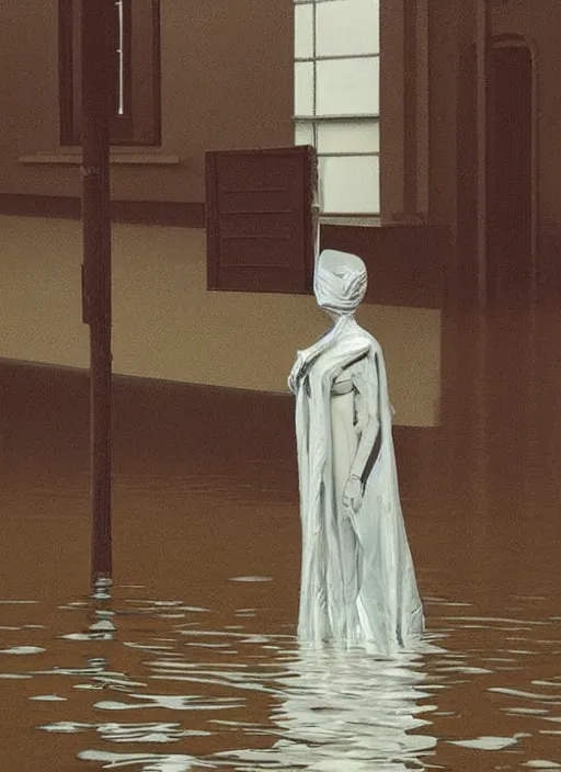 Prompt: woman in vr headset made of paper, dressed in plastic bags, on flooded street Edward Hopper and James Gilleard, Zdzislaw Beksinski, highly detailed