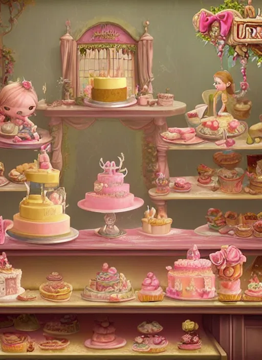 Image similar to highly detailed closeup portrait of a fairytale princess's cake shop, unreal engine, nicoletta ceccoli, mark ryden, earl norem, lostfish, global illumination, detailed and intricate environment