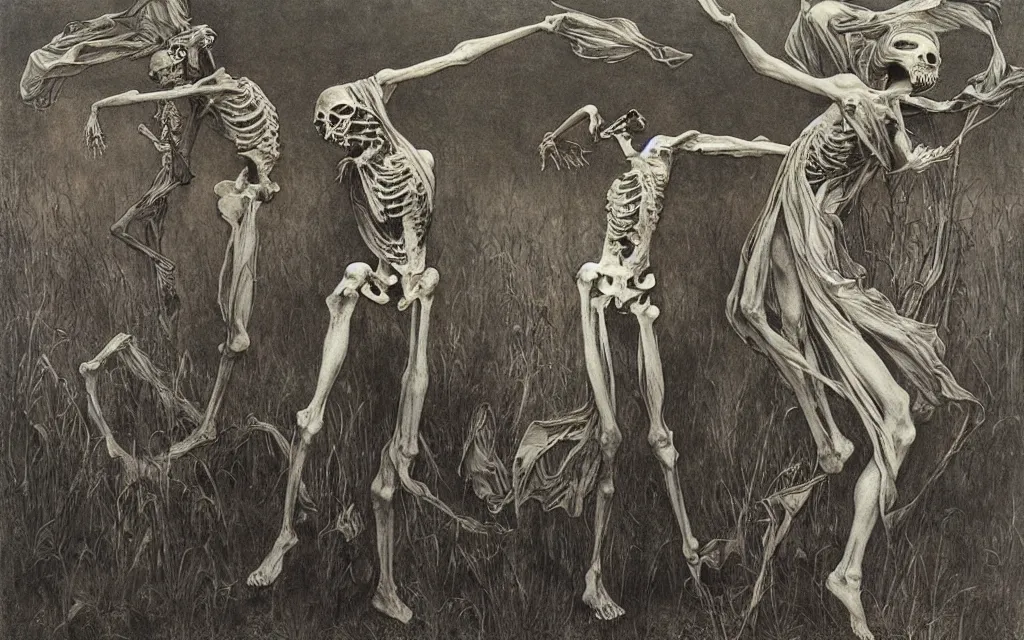 Prompt: eartern european springtime skeleton dancing danse macabre by zdzisław beksinski and gustave dore and alphonse mucha.