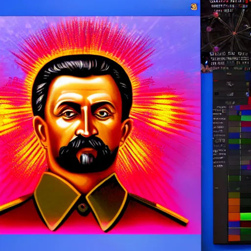 Image similar to the icon of stalin, with halo of fire, scary orthodox icon in hellish style, scary color art in 4 k