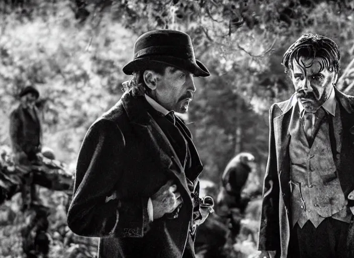 Prompt: an dramatic scene from the movie scarface, medium long shot, costumes from peaky blinders, filmed in the dark woods, a cabin in the background, al pacino and daniel day - lewis, sharp eyes, serious expressions, detailed and symmetric faces, black and white, cinematic, epic,