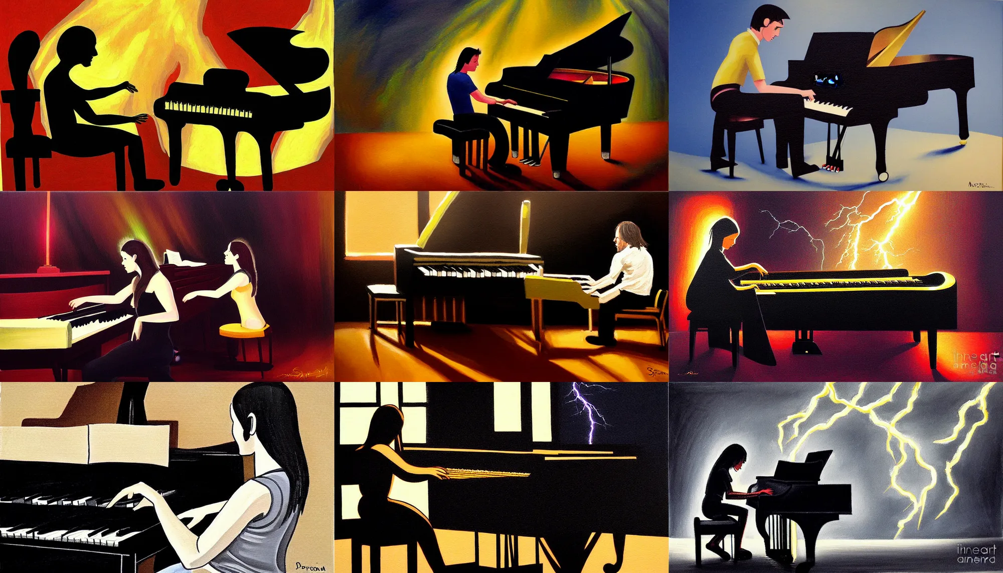 Prompt: sprocker spaneil playing piano. Artwork, lightning, dramatic, style of David McEwen.