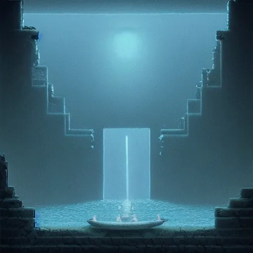 Image similar to “inside of the water temple from Legend Of Zelda: Ocarina of Time in the style of Zdzisław Beksiński. Trending on artstation”