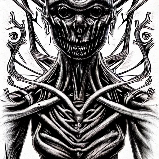 Image similar to a dark humanoid, hyper detailed, in the style of h. r. giger and junji ito and h. r. giger and junji ito, selfie