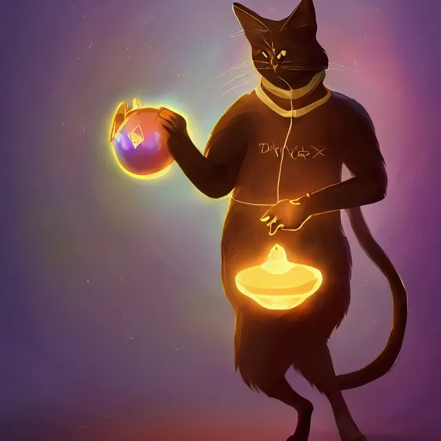 Image similar to a black cat tabaxi sorcerer holding a glowing crystal, character concept, artstation, stylized