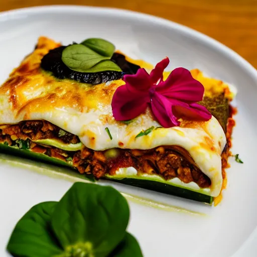 Image similar to zucchini lasagna filled with ground chicken, ras el hanut creme fraiche, topped with camembert cheese and edible flowers, michelin starred restaurant, food photography