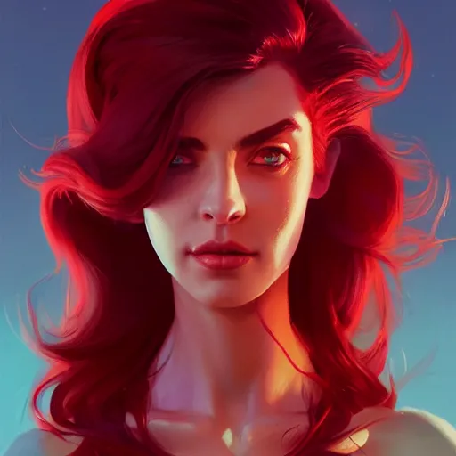 Image similar to beautiful woman with glowing red hair, portrait, maya ali mage, gloomhaven, dynamic lighting, gaudy colors, octane render aesthetic, matte painting concept art, official fanart behance hd artstation by jesper ejsing, by rhads and makoto shinkai and lois van baarle and ilya kuvshinov and rossdraws