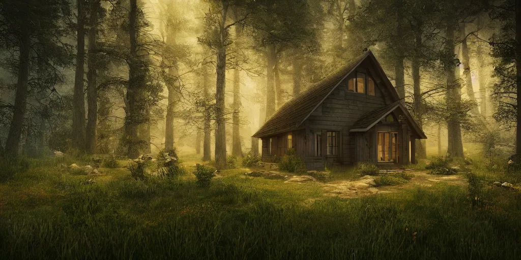 Image similar to a cottage in the woods and empty woods, fantasy, hyper realistic, dramatic lighting, 8k