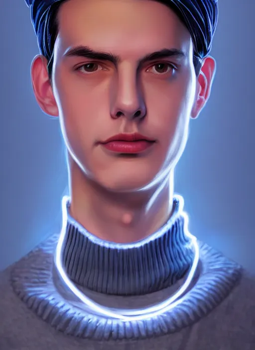 Image similar to portrait of teenage jughead jones wearing a light grey crown, crown, blue turtleneck, 1 9 5 0 s, closed eyes, photorealistic, black hair, glowing lighting, intricate, elegant, glowing lights, highly detailed, digital painting, artstation, concept art, smooth, sharp focus, illustration, art by wlop, mars ravelo and greg rutkowski